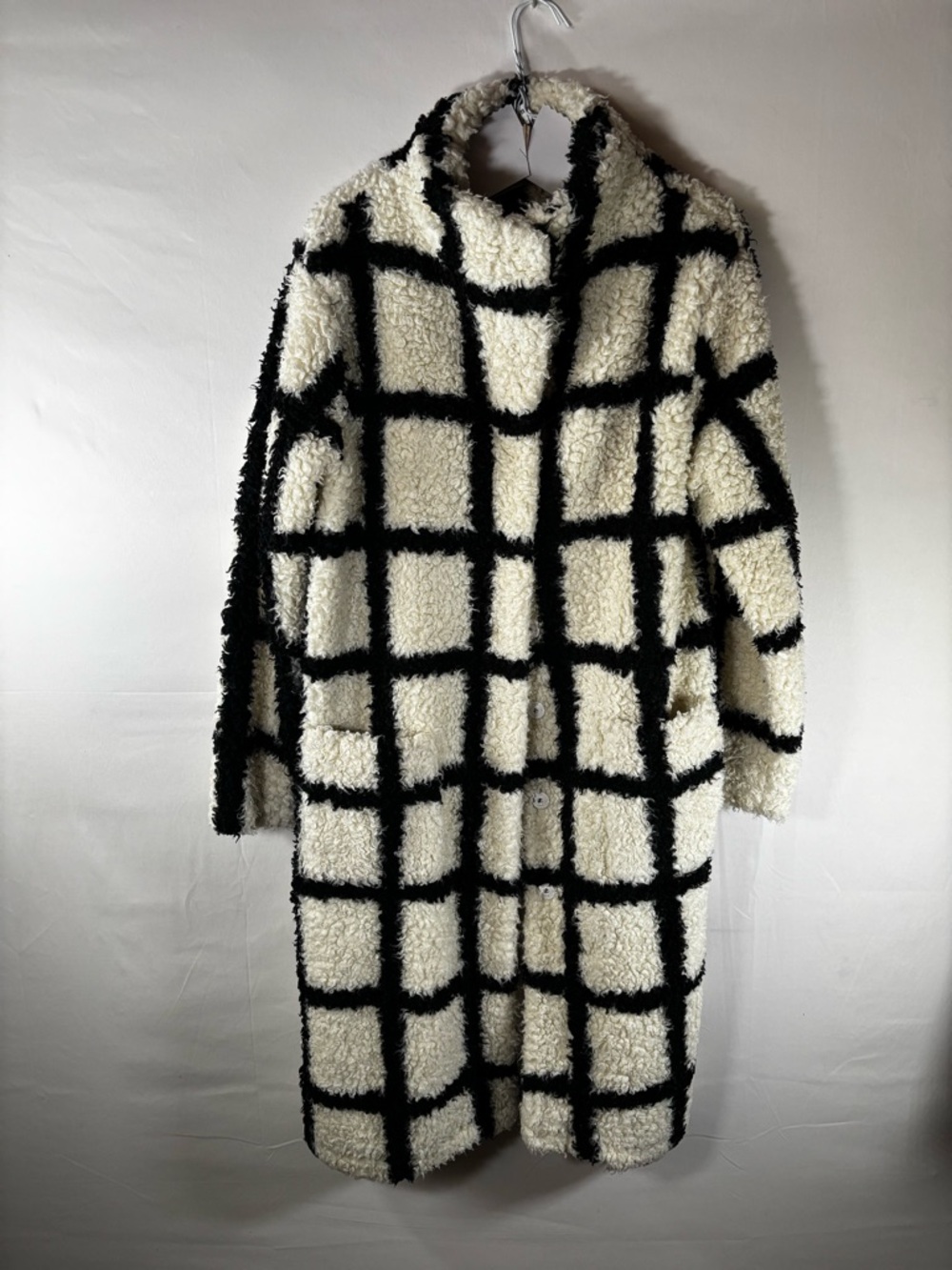 Reformation Bromley Teddy Sherpa Coat Black White Grid Plaid Long Jacket Size S - Picture 2 of 16